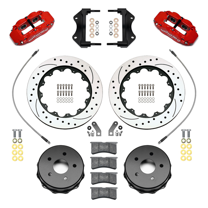 Wilwood Forged Narrow Superlite 4R Big Brake Rear Brake Kit For OE Parking Brake Parts Laid Out - Red Powder Coat Caliper - SRP Drilled & Slotted Rotor