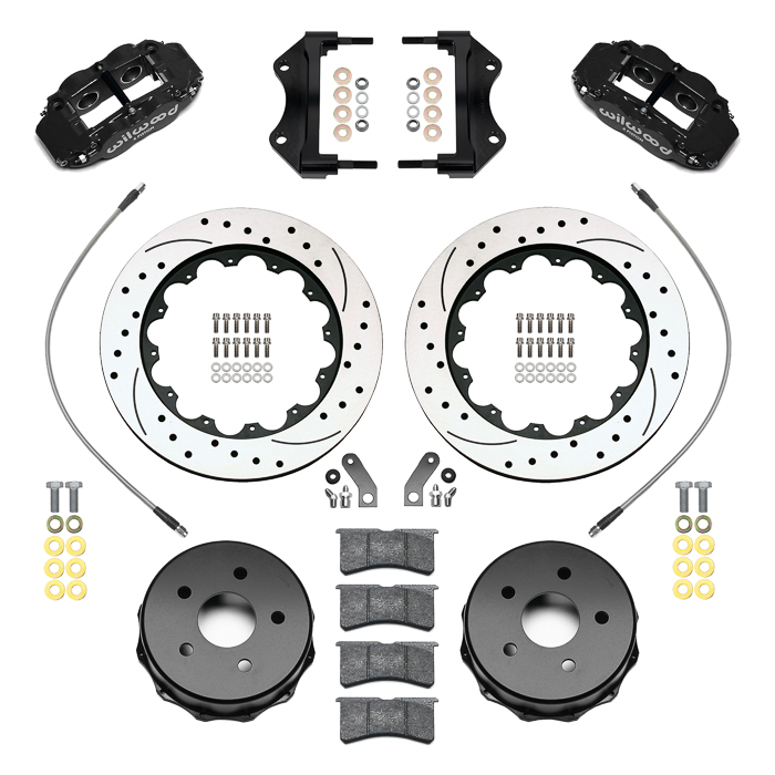 Wilwood Forged Narrow Superlite 4R Big Brake Rear Brake Kit For OE Parking Brake Parts Laid Out - Black Powder Coat Caliper - SRP Drilled & Slotted Rotor