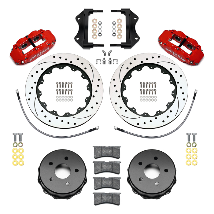 Wilwood Forged Narrow Superlite 4R Big Brake Rear Brake Kit For OE Parking Brake Parts Laid Out - Red Powder Coat Caliper - SRP Drilled & Slotted Rotor