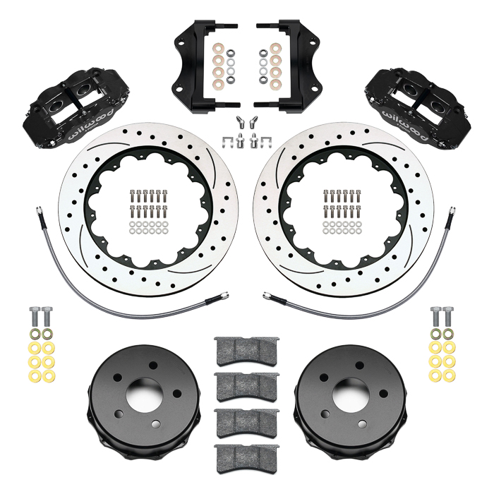 Wilwood Forged Narrow Superlite 4R Big Brake Rear Brake Kit For OE Parking Brake Parts Laid Out - Black Powder Coat Caliper - SRP Drilled & Slotted Rotor