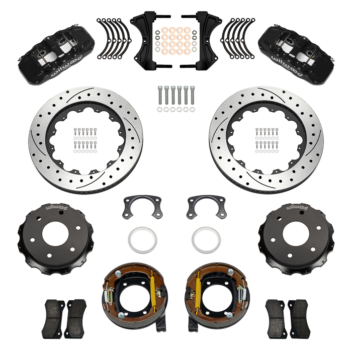 Wilwood AERO4 Big Brake Rear Parking Brake Kit Parts Laid Out - Black Powder Coat Caliper - SRP Drilled & Slotted Rotor