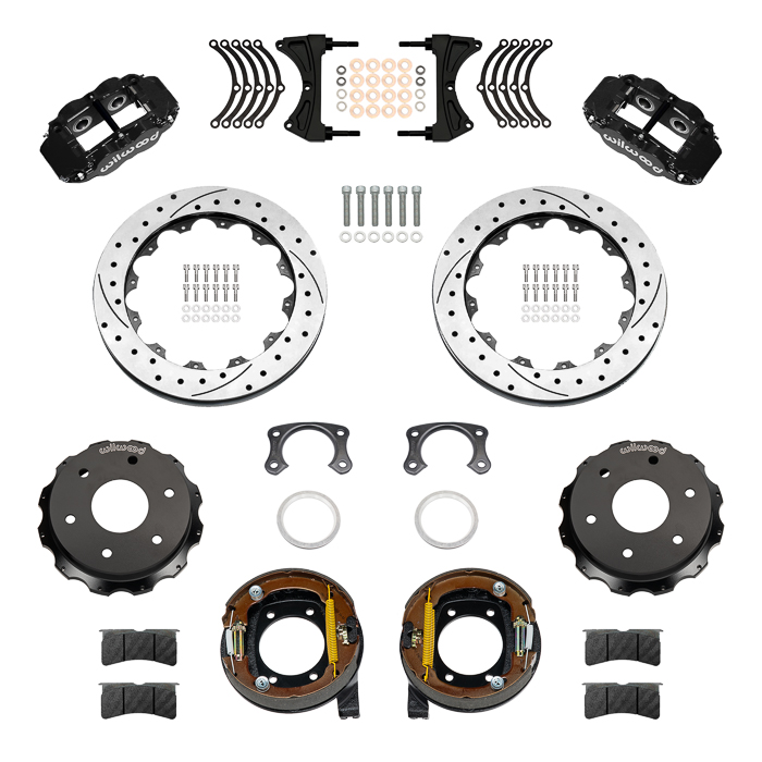 Wilwood Forged Narrow Superlite 4R Big Brake Rear Parking Brake Kit Parts Laid Out - Black Powder Coat Caliper - SRP Drilled & Slotted Rotor