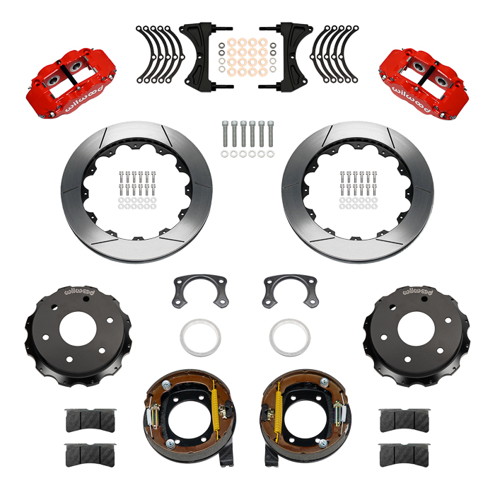 Wilwood Forged Narrow Superlite 4R Big Brake Rear Parking Brake Kit Parts Laid Out - Red Powder Coat Caliper - GT Slotted Rotor
