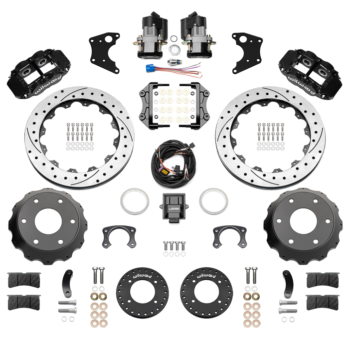 Wilwood Forged Narrow Superlite 4R Big Brake Rear Electronic Parking Brake Kit Parts Laid Out - Black Powder Coat Caliper - SRP Drilled & Slotted Rotor
