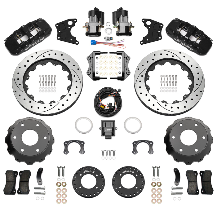 Wilwood AERO4 Big Brake Rear Electronic Parking Brake Kit Parts Laid Out - Black Powder Coat Caliper - SRP Drilled & Slotted Rotor