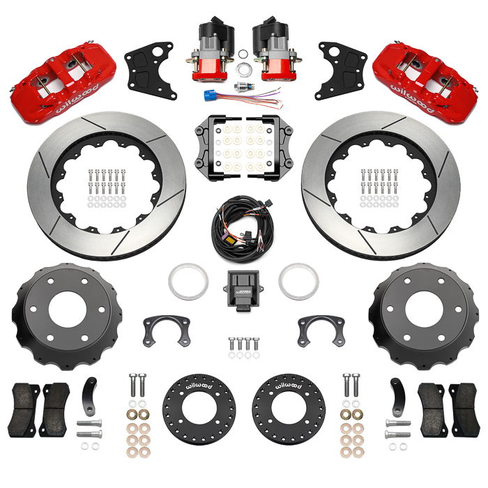 Wilwood AERO4 Big Brake Rear Electronic Parking Brake Kit Parts Laid Out - Red Powder Coat Caliper - GT Slotted Rotor