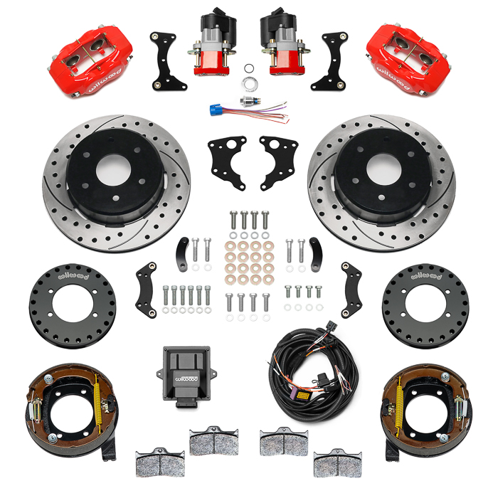 Wilwood Forged Dynalite Rear Electronic Parking Brake Kit Parts Laid Out - Red Powder Coat Caliper - SRP Drilled & Slotted Rotor