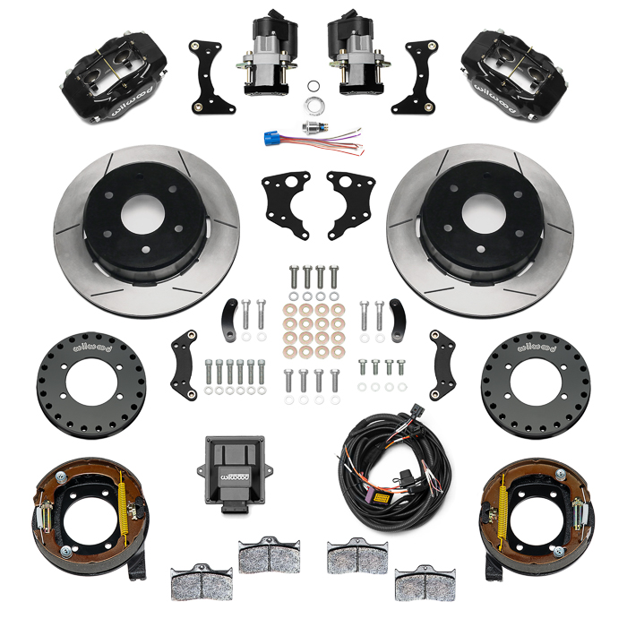 Wilwood Forged Dynalite Rear Electronic Parking Brake Kit Parts Laid Out - Black Powder Coat Caliper