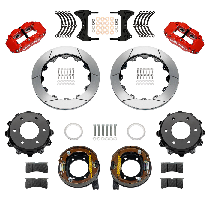 Wilwood Forged Narrow Superlite 4R Big Brake Rear Parking Brake Kit Parts Laid Out - Red Powder Coat Caliper - GT Slotted Rotor