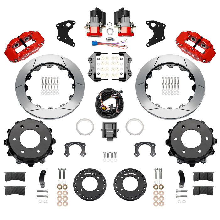 Wilwood Forged Narrow Superlite 4R Big Brake Rear Electronic Parking Brake Kit Parts Laid Out - Red Powder Coat Caliper - GT Slotted Rotor