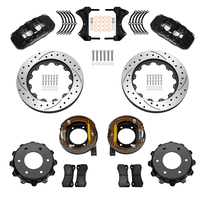 Wilwood AERO4 Big Brake Rear Parking Brake Kit Parts Laid Out - Black Powder Coat Caliper - SRP Drilled & Slotted Rotor