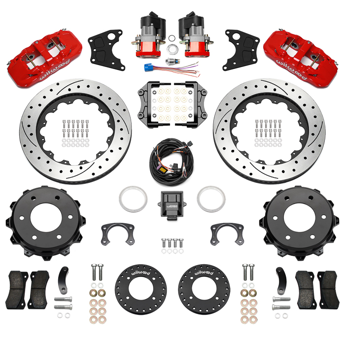 Wilwood AERO4 Big Brake Rear Electronic Parking Brake Kit Parts Laid Out - Red Powder Coat Caliper - SRP Drilled & Slotted Rotor