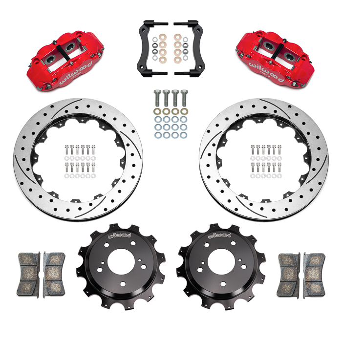 Wilwood Forged Narrow Superlite 4R Big Brake Rear Brake Kit For OE Parking Brake Parts Laid Out - Red Powder Coat Caliper - SRP Drilled & Slotted Rotor