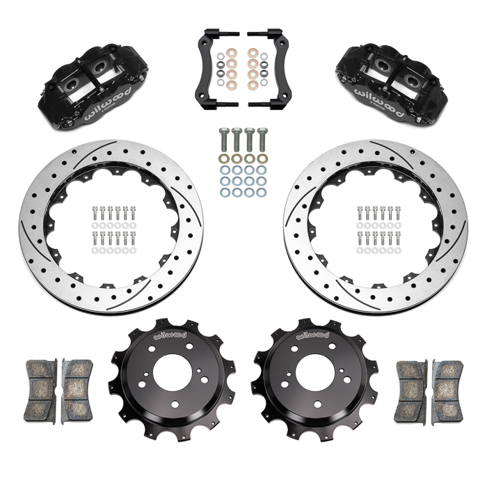 Wilwood Forged Narrow Superlite 4R Big Brake Rear Brake Kit For OE Parking Brake Parts Laid Out - Black Powder Coat Caliper - SRP Drilled & Slotted Rotor