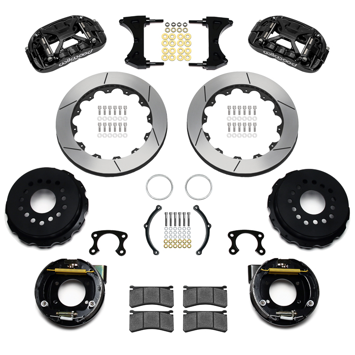 Wilwood Forged XRS4R Big Brake Rear Parking Brake Kit Parts Laid Out - Black Powder Coat Caliper - GT Slotted Rotor