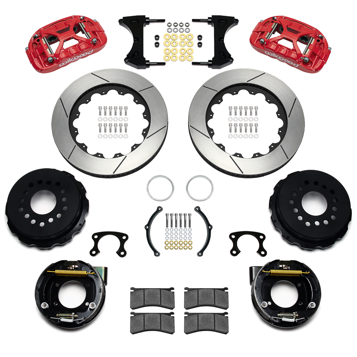 Wilwood Forged XRS4R Big Brake Rear Parking Brake Kit Parts Laid Out - Red Powder Coat Caliper - GT Slotted Rotor