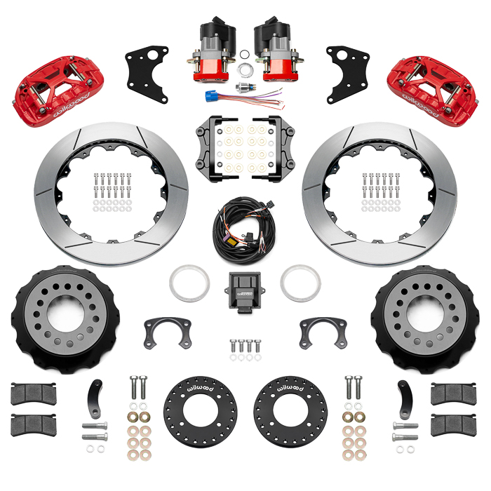 Wilwood Forged XRS4R Big Brake Rear Electronic Parking Brake Kit Parts Laid Out - Red Powder Coat Caliper - GT Slotted Rotor