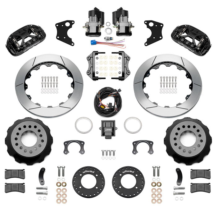 Wilwood Forged XRS4R Big Brake Rear Electronic Parking Brake Kit Parts Laid Out - Black Powder Coat Caliper - GT Slotted Rotor