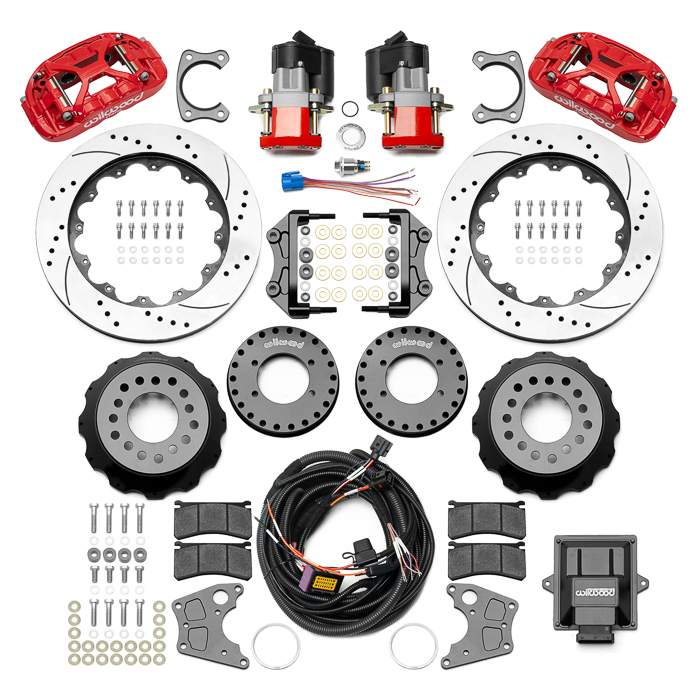 Wilwood Forged XRS4R Big Brake Rear Electronic Parking Brake Kit Parts Laid Out - Red Powder Coat Caliper - SRP Drilled & Slotted Rotor