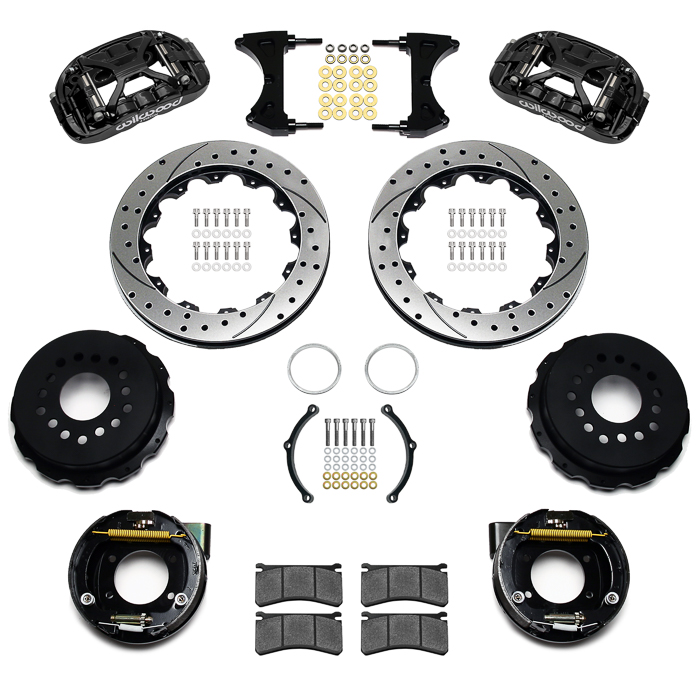 Wilwood Forged XRS4R Big Brake Rear Parking Brake Kit Parts Laid Out - Black Powder Coat Caliper - SRP Drilled & Slotted Rotor
