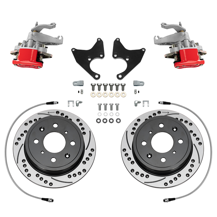 Wilwood HM7 Parking Brake Caliper Rear Brake Kit Parts Laid Out - Red Powder Coat Caliper - SRP Drilled & Slotted Rotor