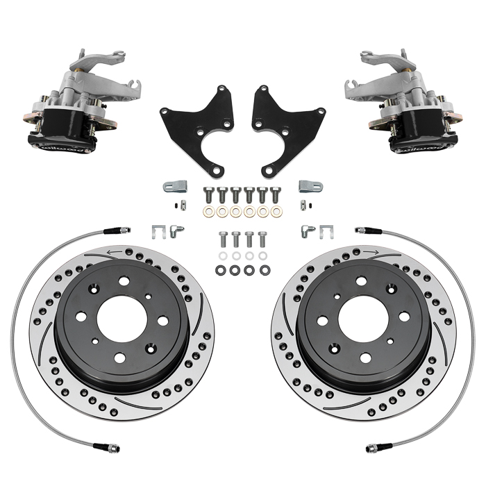 Wilwood HM7 Parking Brake Caliper Rear Brake Kit Parts Laid Out - Black Powder Coat Caliper - SRP Drilled & Slotted Rotor