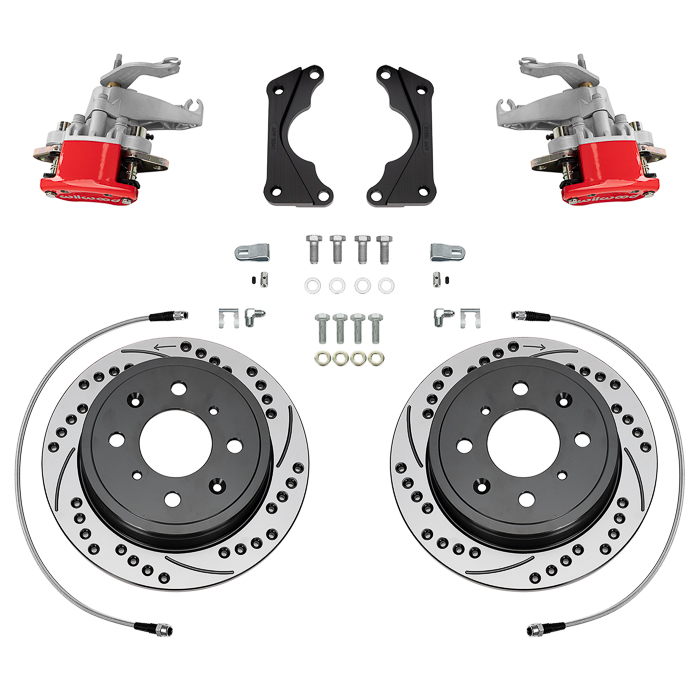 Wilwood HM7 Parking Brake Caliper Rear Brake Kit Parts Laid Out - Black Powder Coat Caliper - SRP Drilled & Slotted Rotor