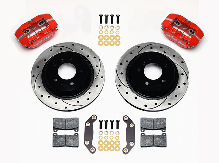 Wilwood Dynapro Rear Brake Kit For OE Parking Brake Parts Laid Out - Red Powder Coat Caliper - SRP Drilled & Slotted Rotor