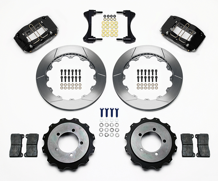 Wilwood Dynapro Radial Rear Brake Kit For OE Parking Brake Parts Laid Out - Black Powder Coat Caliper - GT Slotted Rotor