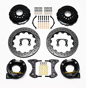 Wilwood Forged Narrow Superlite 4R Big Brake Rear Parking Brake Kit (Less Calipers) Parts Laid Out - SRP Drilled & Slotted Rotor