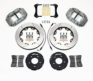 Wilwood Forged Superlite 4R Big Brake Front Brake Kit (Race) Parts Laid Out - Type III Anodize Caliper - GT Slotted Rotor