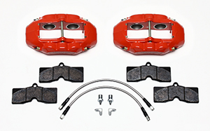Wilwood D8-4 Front Replacement Caliper Kit Parts Laid Out - Red Powder Coat Caliper