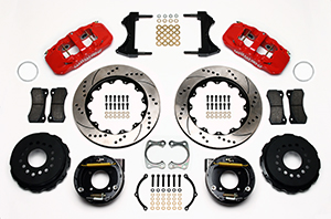 Wilwood AERO4 Big Brake Rear Parking Brake Kit Parts Laid Out - Red Powder Coat Caliper - SRP Drilled & Slotted Rotor