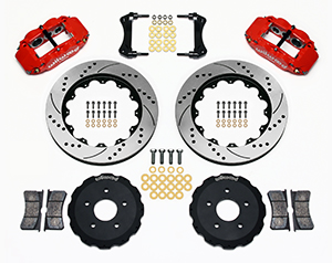 Wilwood Forged Narrow Superlite 6R Big Brake Front Brake Kit (Hat) Parts Laid Out - Red Powder Coat Caliper - SRP Drilled & Slotted Rotor