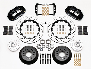 Wilwood Forged Narrow Superlite 6R Big Brake Front Brake Kit (Hub) Parts Laid Out - Polish Caliper - SRP Drilled & Slotted Rotor