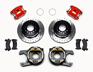 Wilwood D154 Rear Parking Brake Kit Parts Laid Out - Red Powder Coat Caliper - SRP Drilled & Slotted Rotor