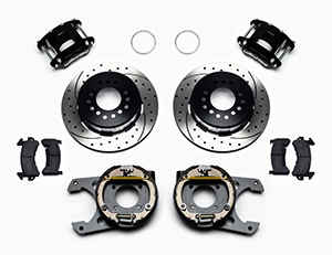 Wilwood D154 Rear Parking Brake Kit Parts Laid Out - Black Powder Coat Caliper - SRP Drilled & Slotted Rotor