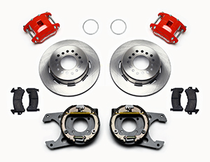 Wilwood D154 Rear Parking Brake Kit Parts Laid Out - Red Powder Coat Caliper - Plain Face Rotor