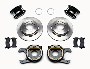Wilwood D154 Rear Parking Brake Kit Parts Laid Out - Black Powder Coat Caliper - Plain Face Rotor