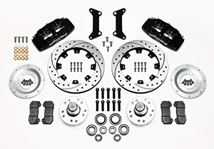 Wilwood Forged Dynapro 6 Big Brake Front Brake Kit (Hub) Parts Laid Out - Black Powder Coat Caliper - SRP Drilled & Slotted Rotor
