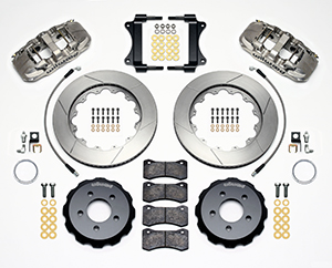 Wilwood AERO6 Big Brake Front Brake Kit Parts Laid Out - Nickel Plate Caliper - GT Slotted Rotor