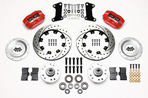 Wilwood Dynapro Dust-Boot Big Brake Front Brake Kit (Hub) Parts Laid Out - Red Powder Coat Caliper - SRP Drilled & Slotted Rotor