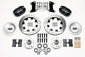 Wilwood Dynapro Dust-Boot Big Brake Front Brake Kit (Hub) Parts Laid Out - Black Powder Coat Caliper - SRP Drilled & Slotted Rotor