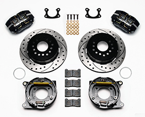 Wilwood Dynapro Dust-Boot Rear Parking Brake Kit Parts Laid Out - Black Powder Coat Caliper - SRP Drilled & Slotted Rotor
