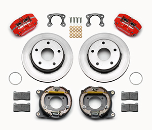 Wilwood Dynapro Lug Mount Rear Parking Brake Kit Parts Laid Out - Red Powder Coat Caliper - Plain Face Rotor