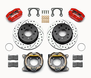 Wilwood Dynapro Lug Mount Rear Parking Brake Kit Parts Laid Out - Red Powder Coat Caliper - SRP Drilled & Slotted Rotor