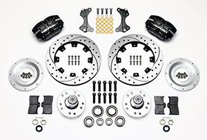 Wilwood Dynapro Dust-Boot Big Brake Front Brake Kit (Hub) Parts Laid Out - Black Powder Coat Caliper - SRP Drilled & Slotted Rotor