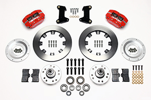Wilwood Dynapro Dust-Boot Big Brake Front Brake Kit (Hub) Parts Laid Out - Red Powder Coat Caliper - Plain Face Rotor