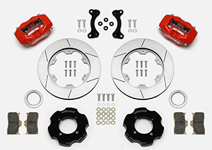 Wilwood Forged Dynalite Big Brake Front Brake Kit (Hat) Parts Laid Out - Red Powder Coat Caliper - GT Slotted Rotor