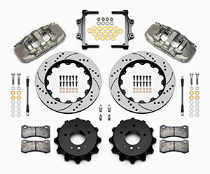 Wilwood AERO4 Big Brake Rear Brake Kit For OE Parking Brake Parts Laid Out - Nickel Plate Caliper - SRP Drilled & Slotted Rotor